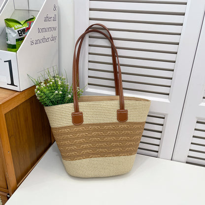 Fresh Vacation Women Shoulder Bag Woven Stripe Colorblock Straw Tote Large Capacity Breathable