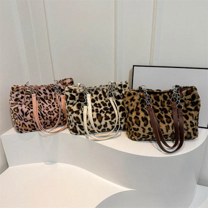 Leopard Print Plush Tote Bag – Soft Fuzzy Shoulder Handbag