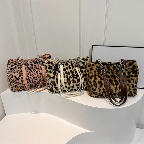 Leopard Print Plush Tote Bag – Soft Fuzzy Shoulder Handbag