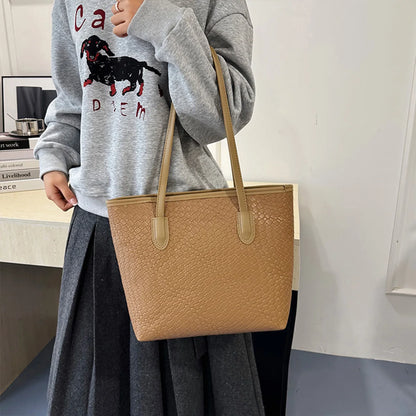 Retro Trendy Women Tote Bag Solid Color Glossy Pu Handbags Woven Texture Large Capacity Shopping