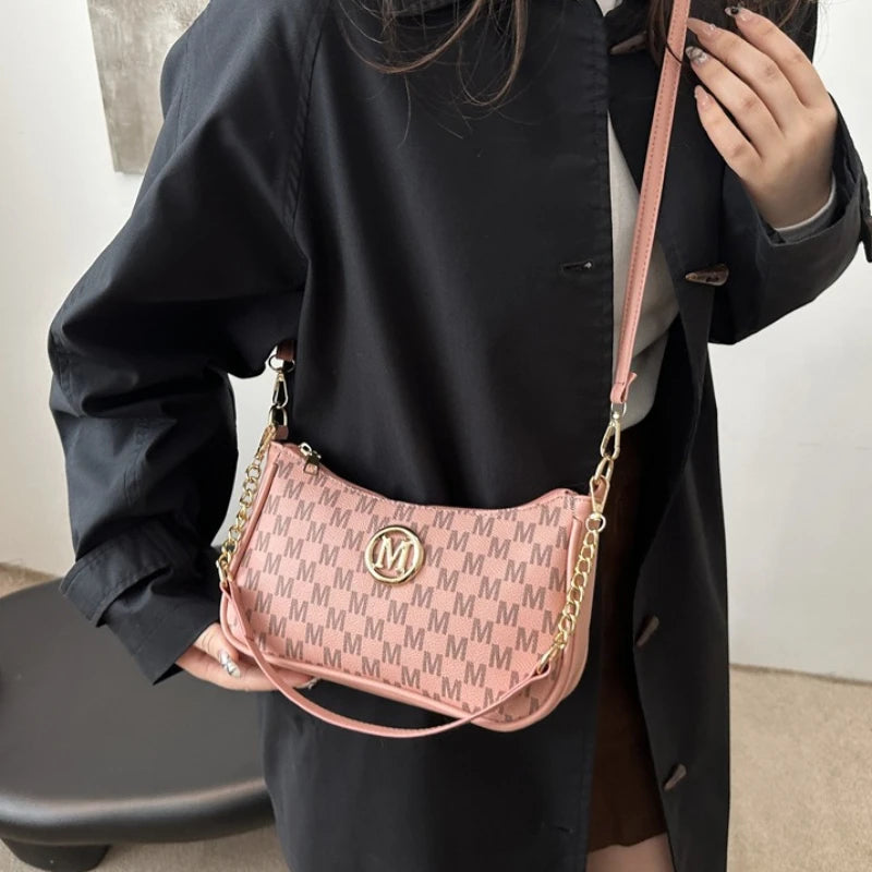Chic Monogram Print Beige Shoulder Bag Small Crossbody Handbag Gold Chain Accent Woman Everyday