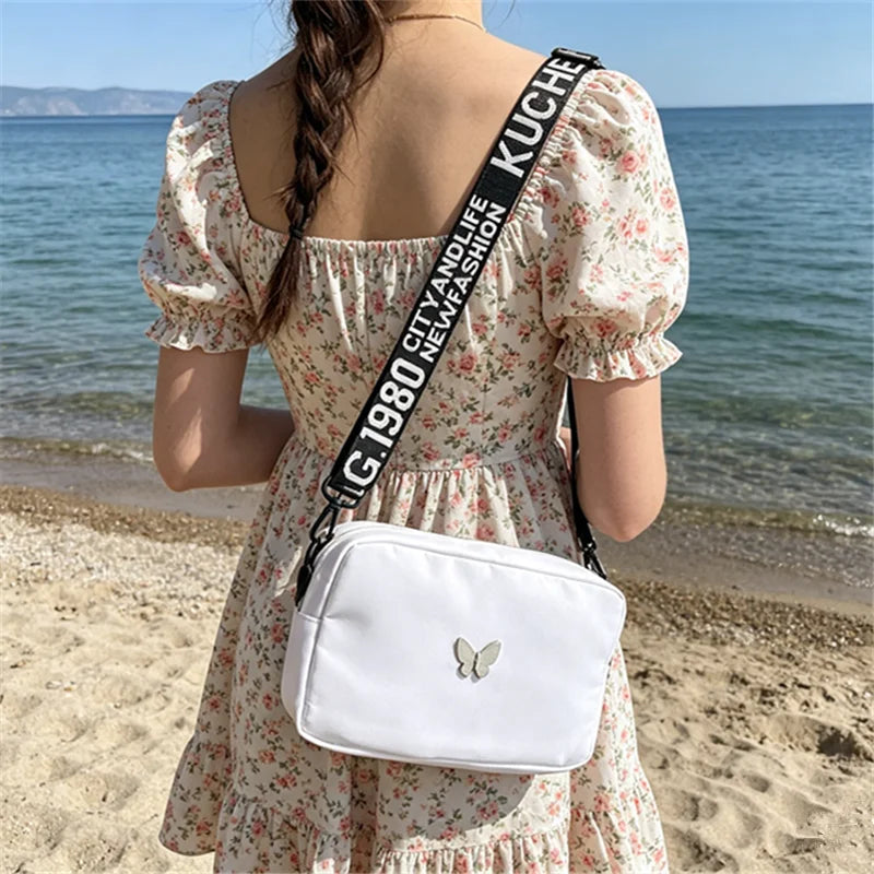 Butterfly Nylon Crossbody Bag with Wide Letter Strap – Women's Summer Shoulder Bag