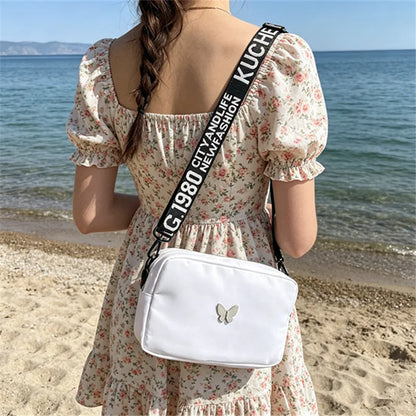 Butterfly Nylon Crossbody Bag with Wide Letter Strap – Women's Summer Shoulder Bag