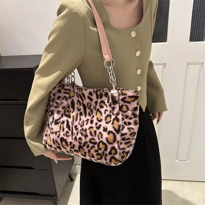 Leopard Print Plush Tote Bag – Soft Fuzzy Shoulder Handbag