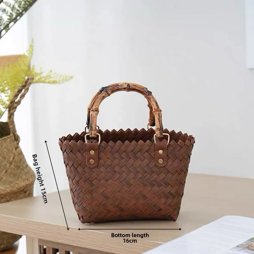 Handwoven Straw Tote Bags Multi Size Natural Woven Basket Bag Handbag Bamboo Handles Women Bohemian