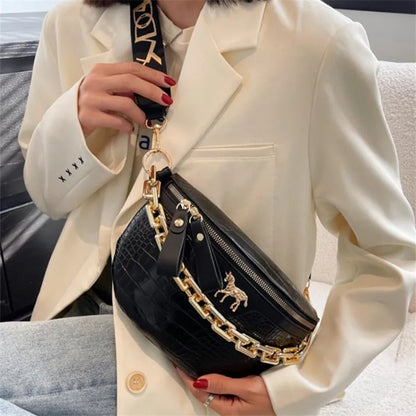 Crocodile Pattern PU Leather Crossbody Bag with Gold Chain Strap