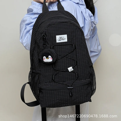 Drawstring Checkered Striped Backpack Polyester Lightweight Workwear
