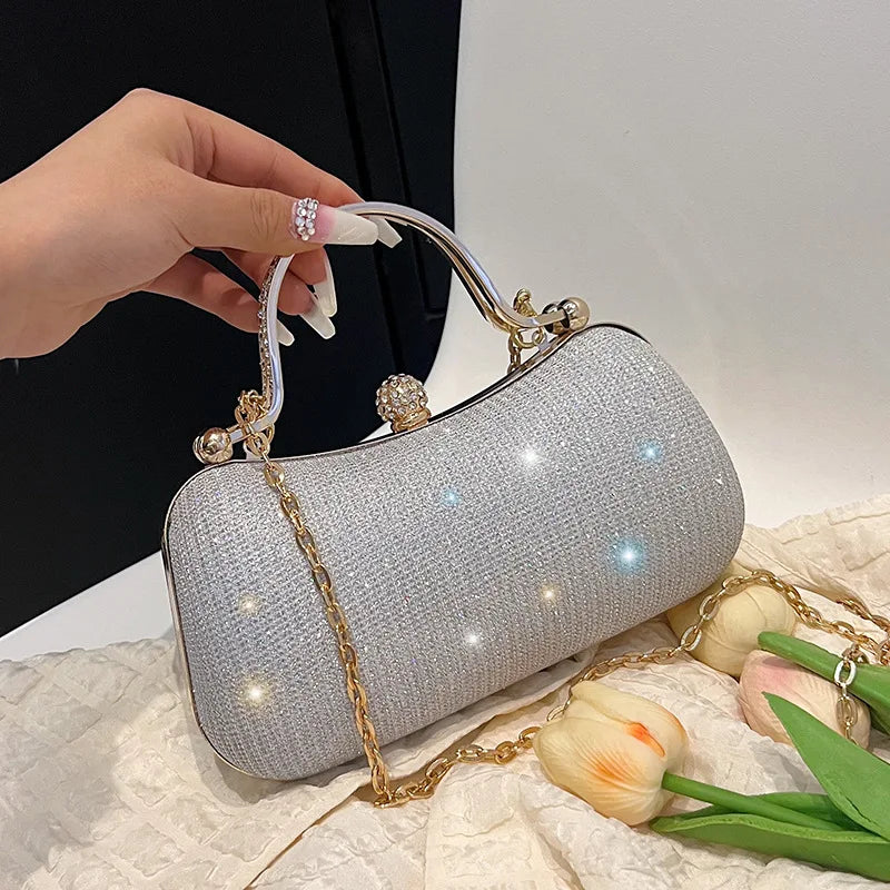 Rhinestone Evening Clutch Crystal Handle Removable Gold Chain Elegant Shoulder Purse Wedding Party