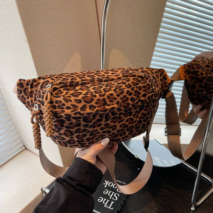 Women S Leopard Print Chest Bag Autumn Winter Crossbody Bag Trendy Sporty Multifunctional Waist Bag