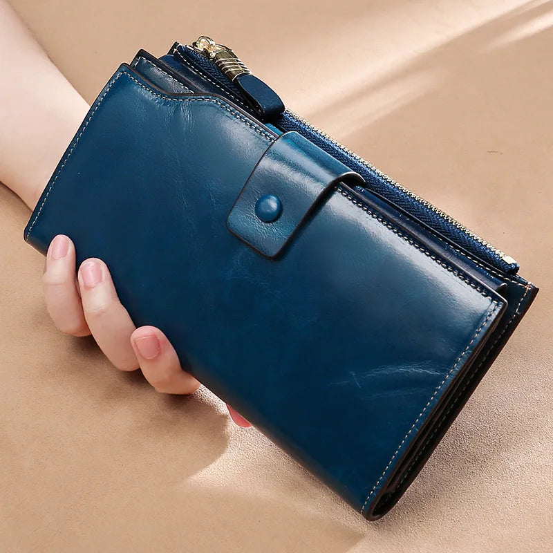 Genuine Leather Long Women S Wallet Rfid Anti-Theft Brush Multi-Slot Retro Oil Wax Hand-Held