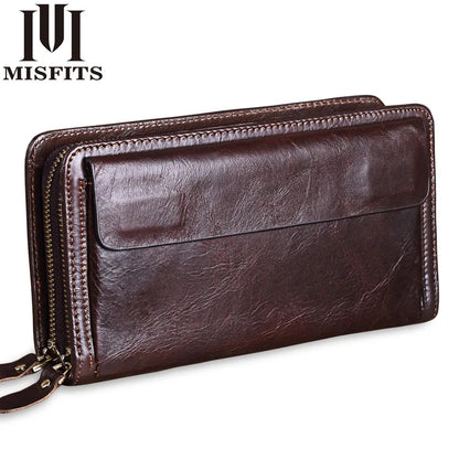 Men S Long Wallet Large Capacity Retro Real Leather Mobile Phone Storage Buckle Handheld Business