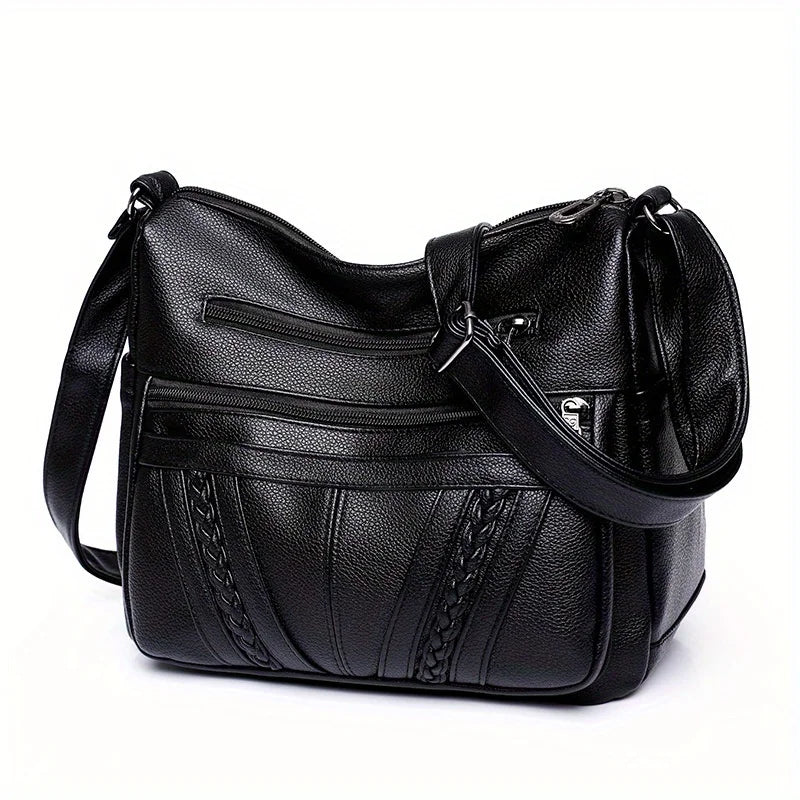Braided Detail Crossbody Bag – Women's Multi-Pocket Faux Leather Shoulder Purse