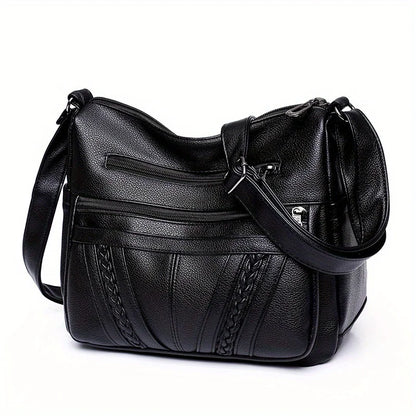 Braided Detail Crossbody Bag – Women's Multi-Pocket Faux Leather Shoulder Purse