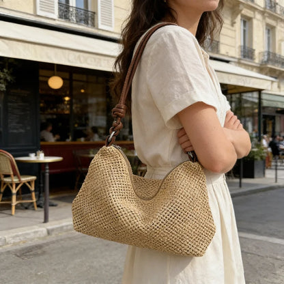 Straw Woven Shoulder Bag with Knotted Leather Handle