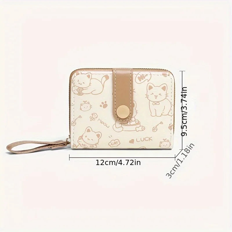 Cute Cat Print Wallet Women Tri-Fold Snap Closure Card Holder Purse