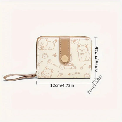 Cute Cat Print Wallet Women Tri-Fold Snap Closure Card Holder Purse