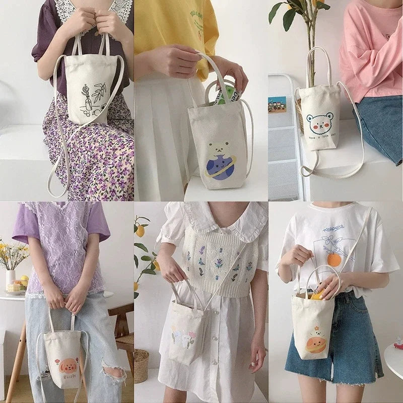 Cute Cartoon Canvas Mini Bucket Tote Bag for Women & Girls