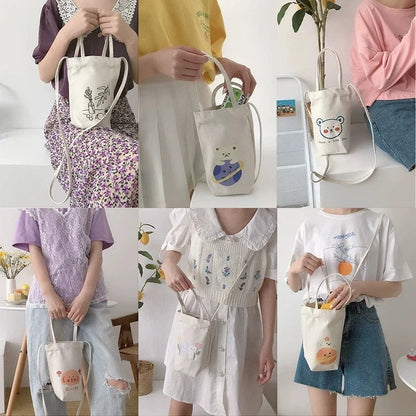 Cute Cartoon Canvas Mini Bucket Tote Bag for Women & Girls