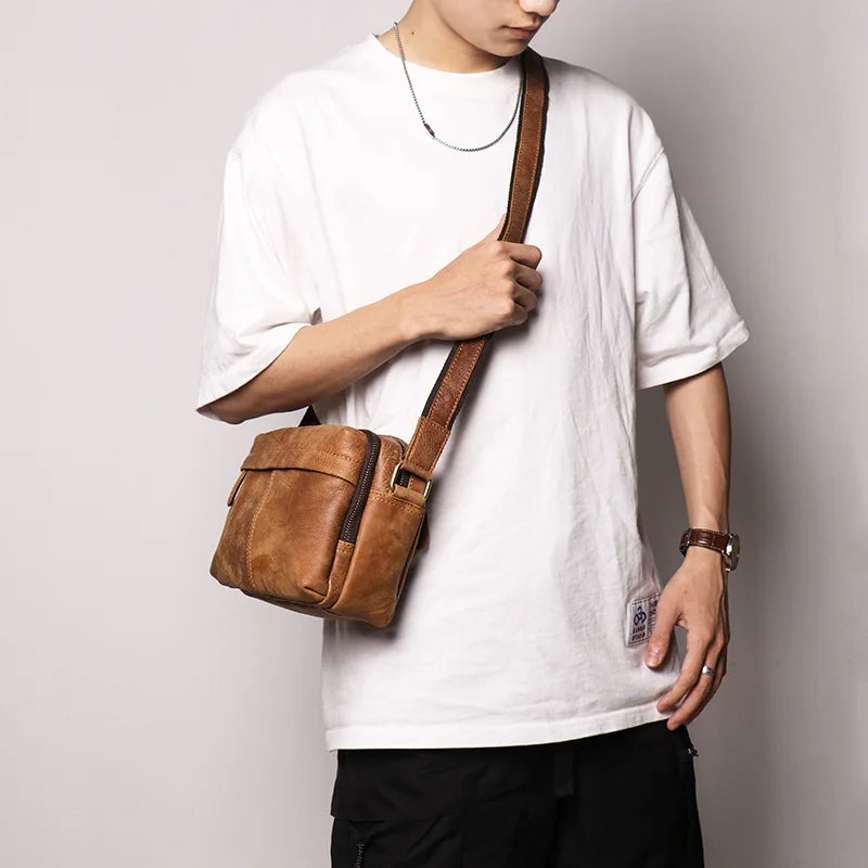 Retro Fashionable Men S Square Cowhide Single-Shoulder Bag Women Genuine Leather Crossbody
