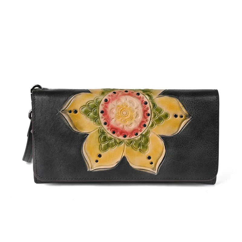 Retro Handcrafted Long Wallet Women Top Layer Cowhide