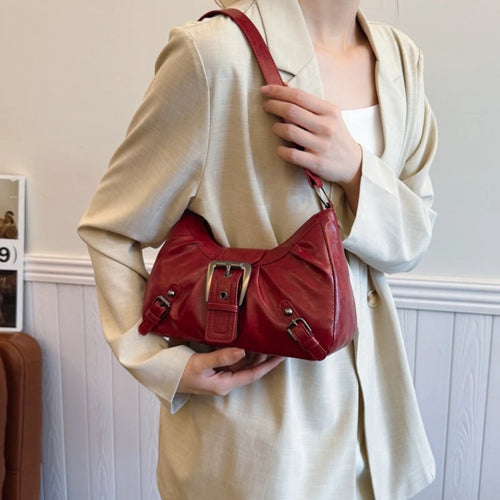 Hobo Shoulder Bag – Retro Faux Leather with Buckle Detail