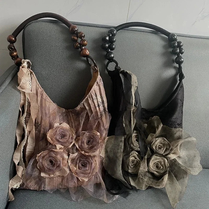 Chinese Style Rose Decor Shoulder Bags Commuter Tote Classic Pleated Handbags Women Underarm