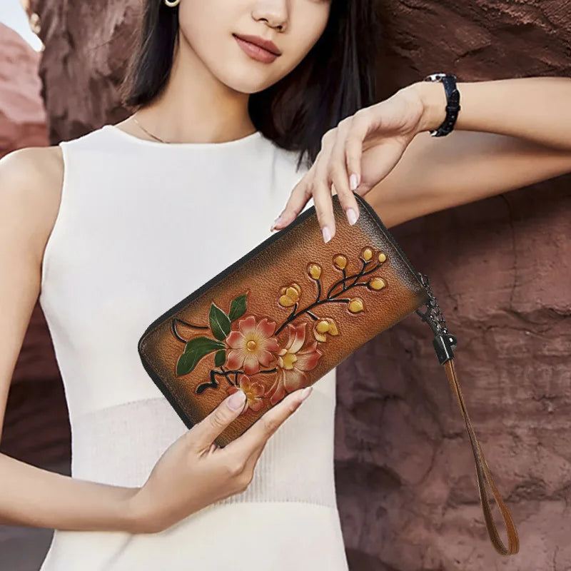 Vegetable-Tanned Leather Genuine Ladies Wallet Double Zipper