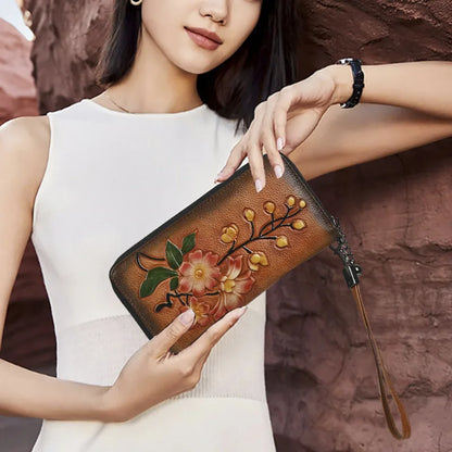 Vegetable-Tanned Leather Genuine Ladies Wallet Double Zipper