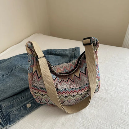 Boho Half Moon Crossbody Bag – Handwoven Colorful Pattern Shoulder Purse