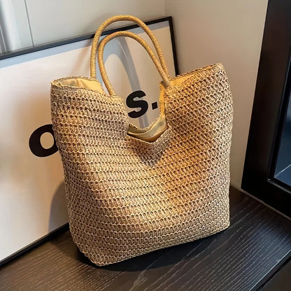 Chic Straw Tote Bag Women Large Capacity Handbag Fashionable Woven Shoulder Zip Closure
