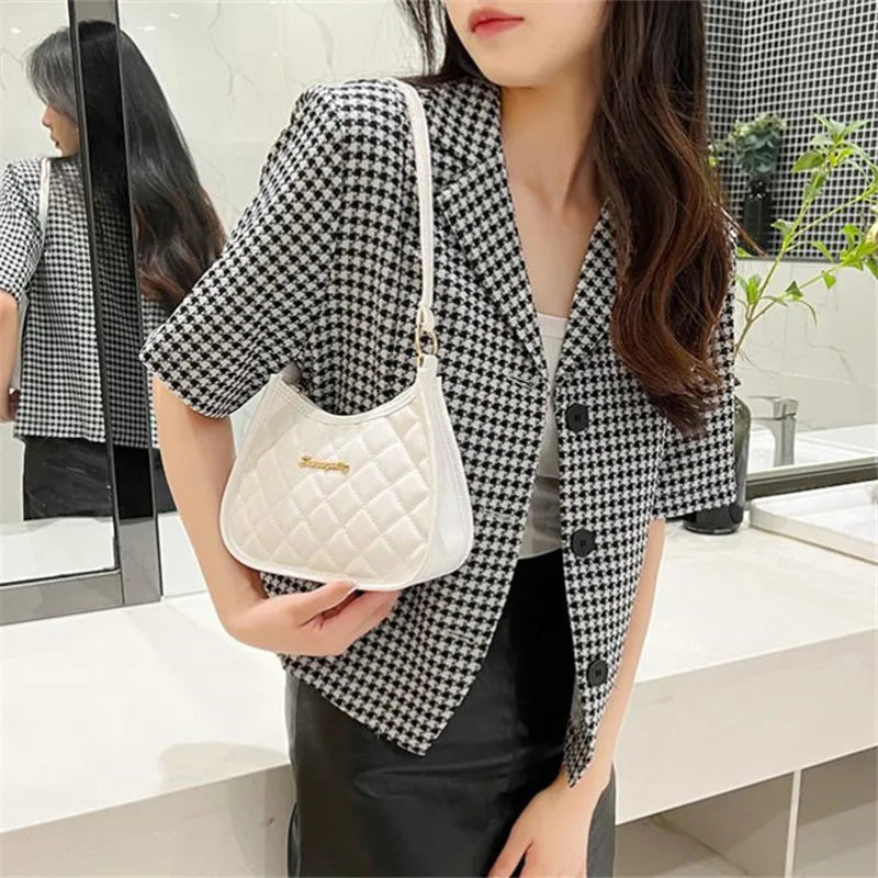 Chic Quilted Pu Handbag Shoulder Bag Women Daily Use Large Capacity Underarm Bag Zipper Closure
