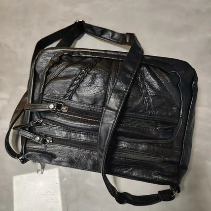 Multi-Zipper Leather Crossbody Shoulder Bag with Inner Pockets