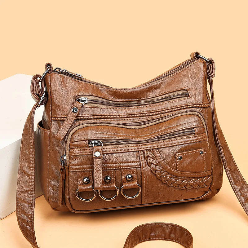 Vintage PU Leather Crossbody Bag Multi-Pocket Shoulder Bag
