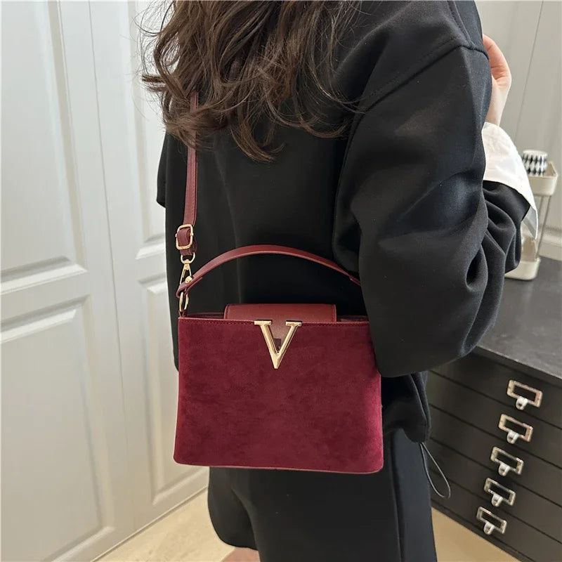Mini Suede Crossbody Bag with Gold V-Buckle