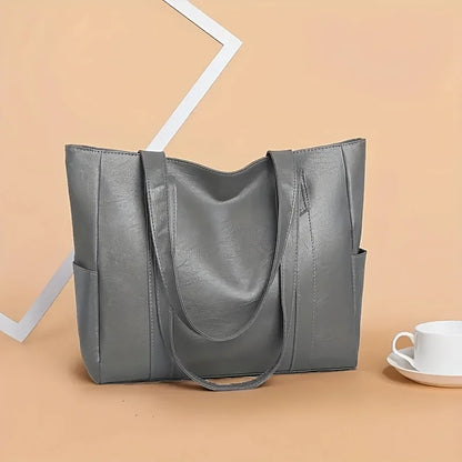 Large PU Leather Tote Bag with Zipper & Double Handles