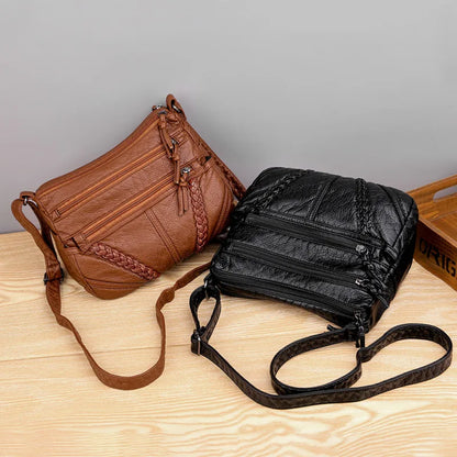 Multi-Zipper Leather Crossbody Shoulder Bag with Inner Pockets