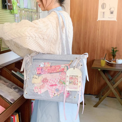 Y2K Ribbon Bow Ita Tote Bag – Large Capacity Transparent Pocket Shoulder Bag