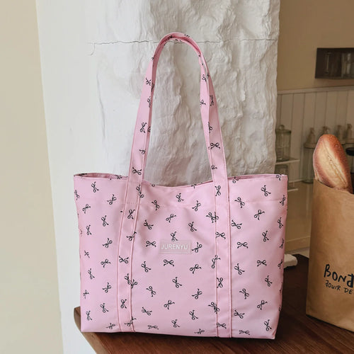 Casual Women Handbag Bow Print Solid Large Capacity Tote Bag Lightweight Shoulder Daily Commute