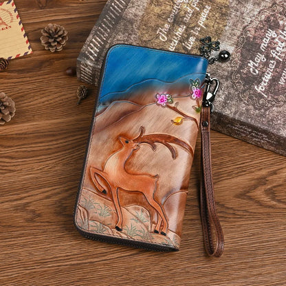 Retro Wallet Deer Head Holding Top Layer Cowhide Long Large-Capacity Mobile Phone Storage Zipper