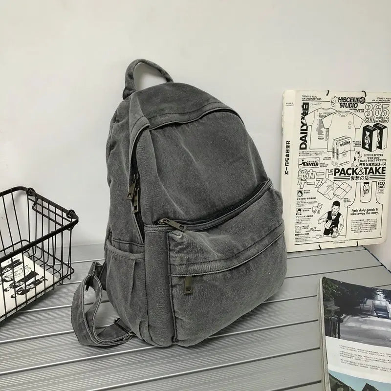 Denim Backpack – Vintage Soft Rucksack with Multiple Zipper Pockets for Girls & Students