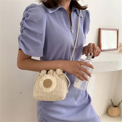 Woven Straw Mini Crossbody Bag – Flower Drawstring Bucket
