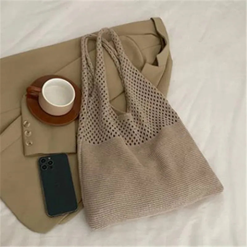 Hollow Out Knitted Handbag Shoulder Bag Solid Color Wool Knitting Bag Commuter Large Capacity
