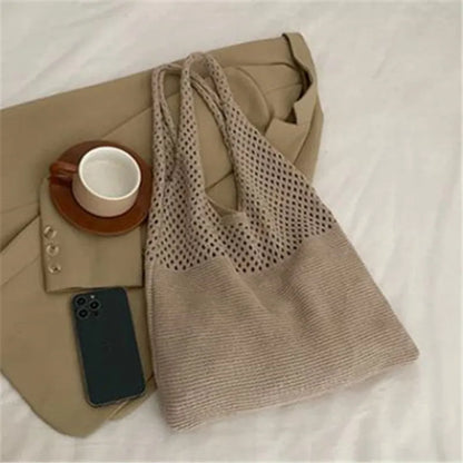 Hollow Out Knitted Handbag Shoulder Bag Solid Color Wool Knitting Bag Commuter Large Capacity