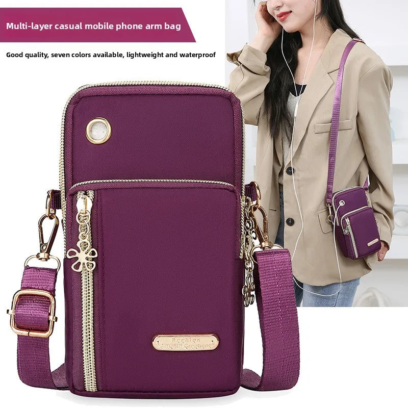 Mini Crossbody Phone Bag with Multi Zipper Pockets & Gold Hardware