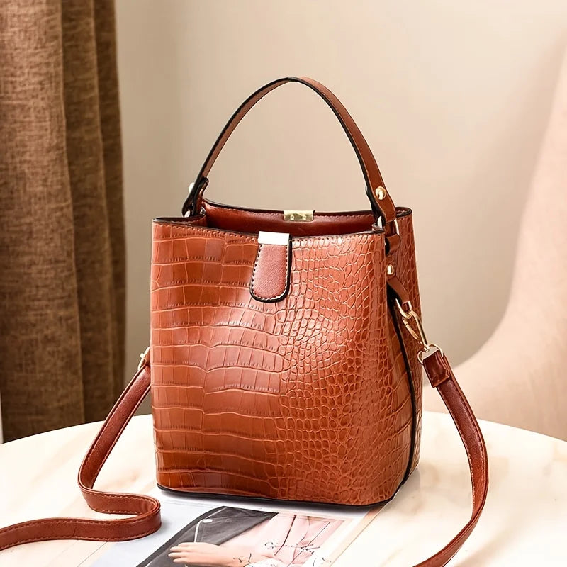 Crocodile Pattern Bucket Bag – Women's Leather Tote & Crossbody Handbag
