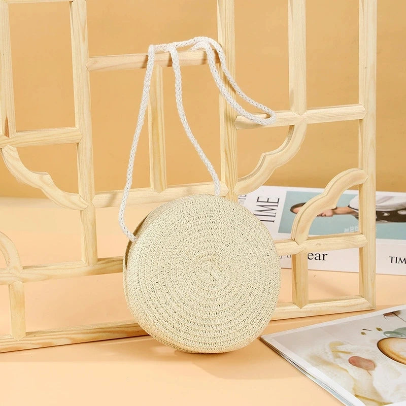 Round Woven Straw Crossbody Bag for Women