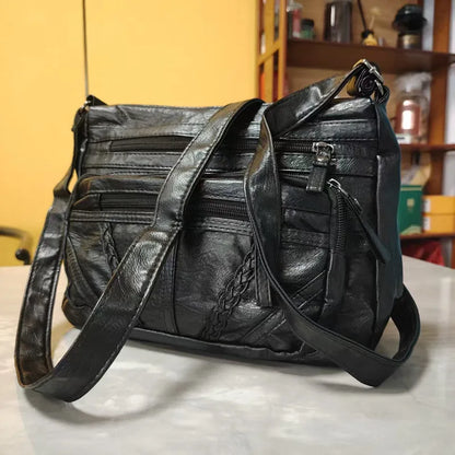 Multi-Zipper Leather Crossbody Shoulder Bag with Inner Pockets