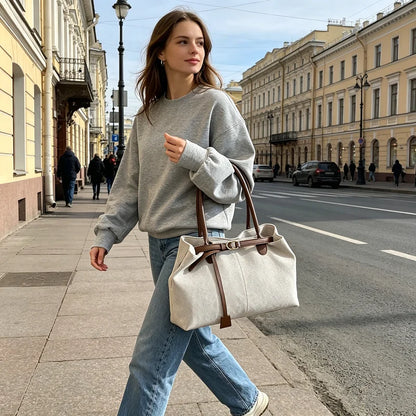 Linen Tote Bag with Leather Handles & Buckle Detail