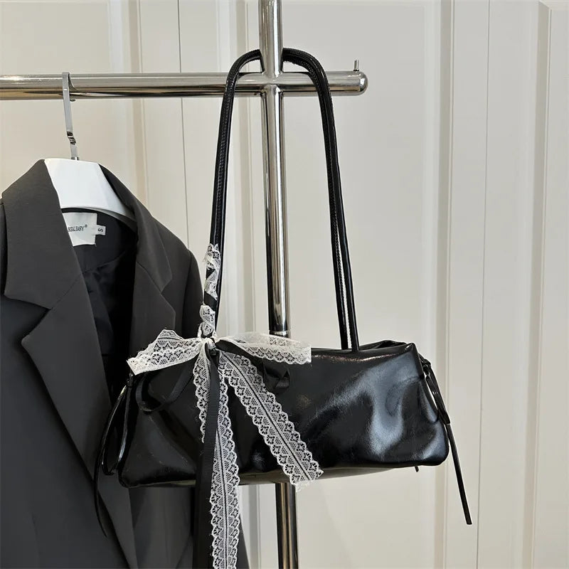 Faux Leather Shoulder Bag – Lace Ribbon Bow Tote Handbag