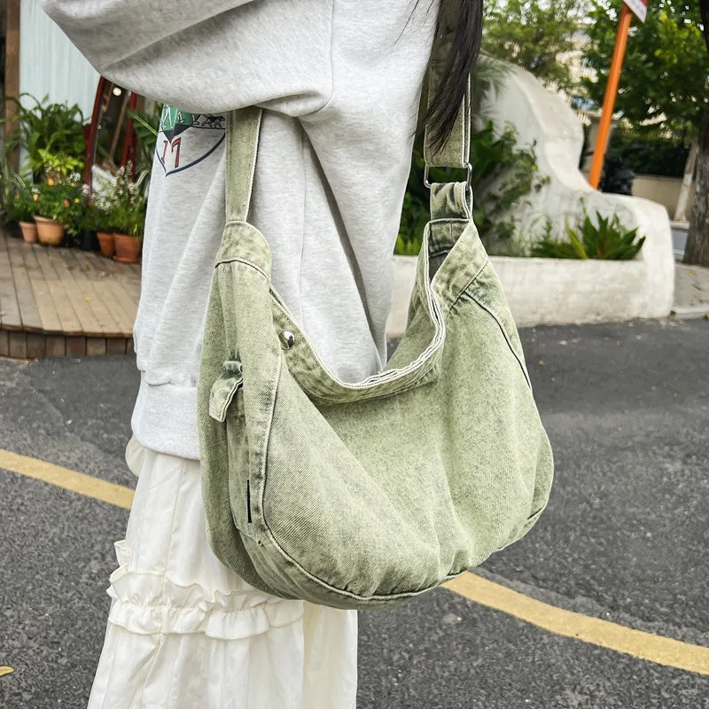 Denim Crossbody Bag for Women – Vintage Washed Wide Strap Shoulder Tote